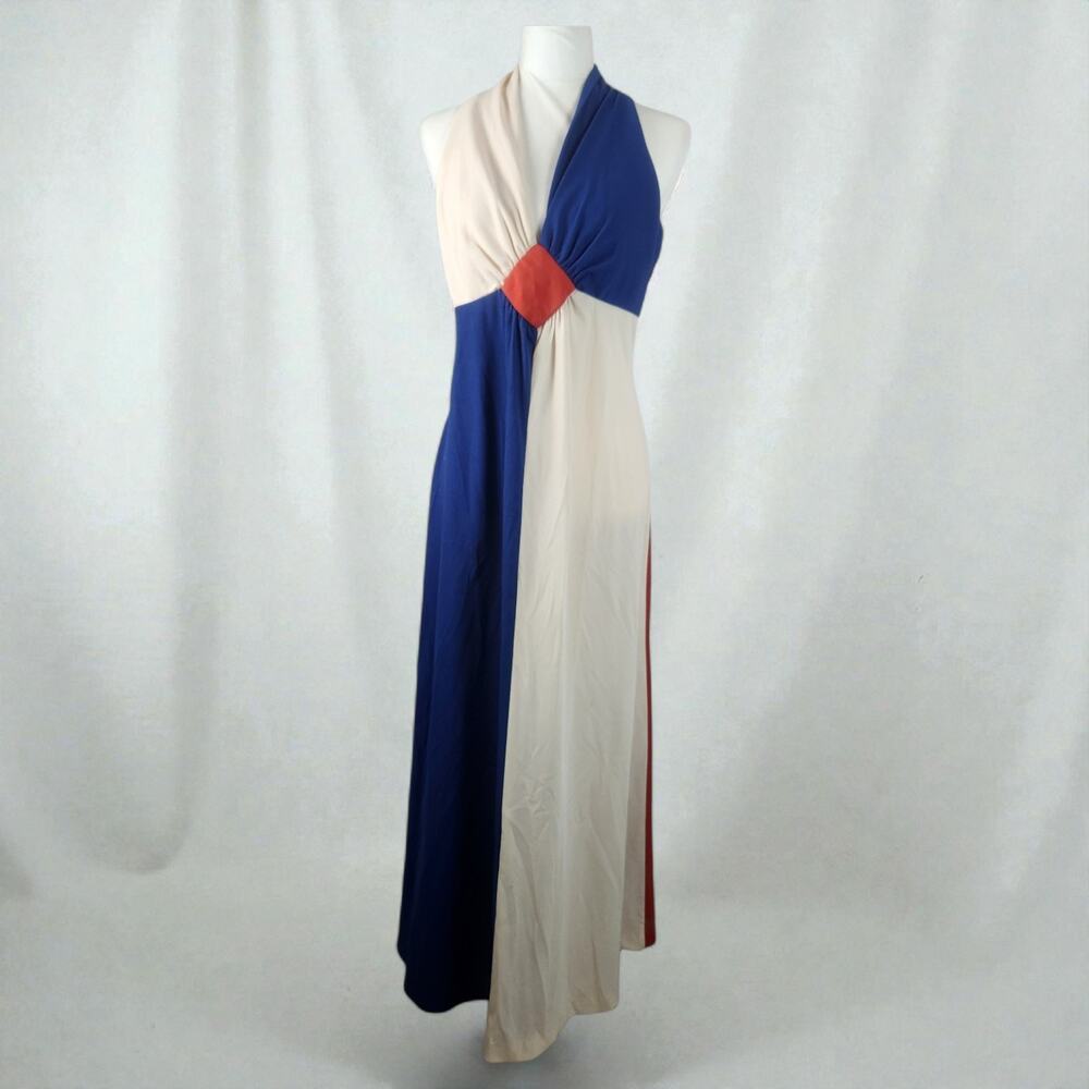 60s 70s True Vtg Colorblock Halter Maxi Dress LARGE Retro Empire Waist Navy Crm